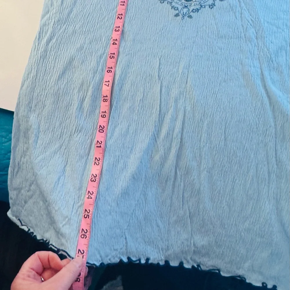 Embroidered Boho Peasant Top | Light Aqua Blue | Floral Detail | Size L - Picture 8 of 9